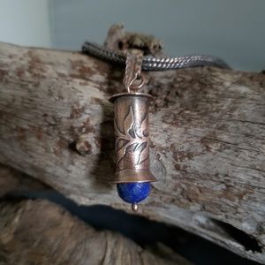 Handcrafted etched copper and Lapis pendant.